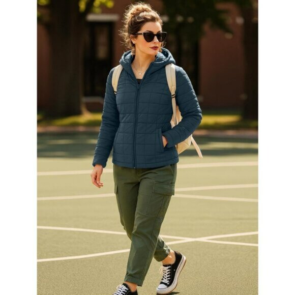 Women's Puffer Jacket Hood 32 Degree Quilted Puff Foldable Jacket Dark Blue - Picture 3 of 7